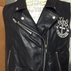 Forever 21 Biker Vest Women Faux Leather Moto Black Harley Patch Proud Christian